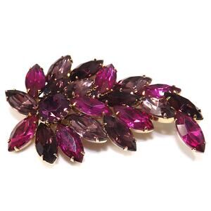 Vintage Floral Spray Brooch 1960s Pink Lavender Purple Rhinestones Gold Plate
